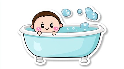 Cute Cartoon Child in a Bathtub with Bubbles and Smiling Face