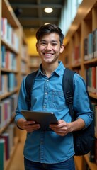 Happy student in blue, tablet, backpack, college library, reading, campus, academic
