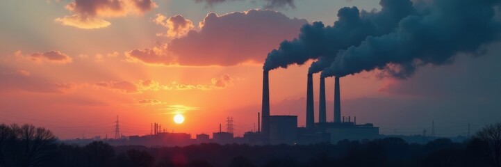 Soaring chimneys spewing black plumes against bleak sky , smokestacks, sky, background