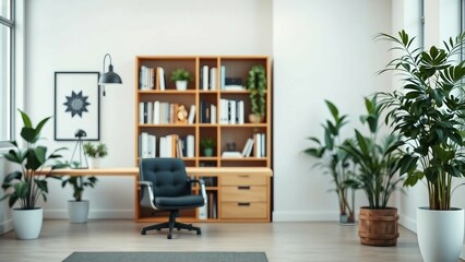 A zoom background photo of a minimalist modern office with a bookshelf and plants