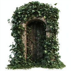 Naklejka premium Overgrown Archway Surrounded by Lush Green Ivy and Rustic Wooden Door in a Serene Garden Setting
