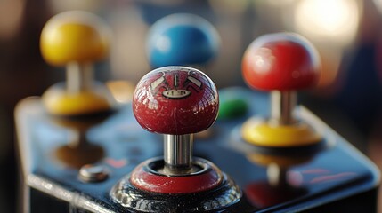 Close-up of red, blue, and yellow joystick knobs on a vintage arcade game control panel.