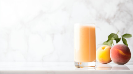 Fototapeta premium Peach Bellini on a marble counter, Modern kitchen background, Clean and sparkling aesthetic, Simple and refreshing, copy space 