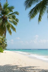 Obraz premium A serene beach scene with soft white sand, gentle waves, and tall palm trees under a clear blue sky. Perfect for relaxation.