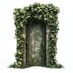 Overgrown Stone Doorway Surrounded by Lush Green Ivy and Grass in a Bright White Environment