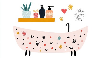 Whimsical Bathtub Illustration with Plants and Beauty Products