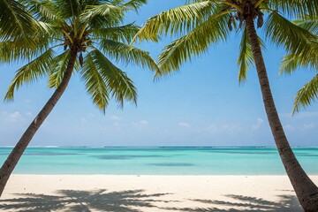 Tropical scene with palm trees framing a serene beach and turquoise ocean under a bright blue sky.