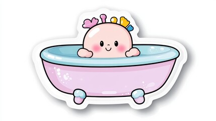 Cute Cartoon Character in Bathtub with Colorful Accessories