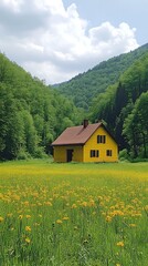 Yellow house, spring meadow, mountains