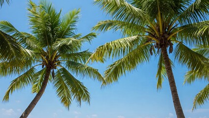 Two tall palm trees sway gently against a clear blue sky, evoking a serene beach vibe.