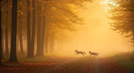 Foxes Running in Foggy Autumn Forest with Warm Light