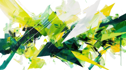Abstract green and yellow brushstrokes creating dynamic composition on transparent background