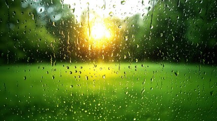 Rainy Day Sunlight Through Wet Window with Green Landscape Background