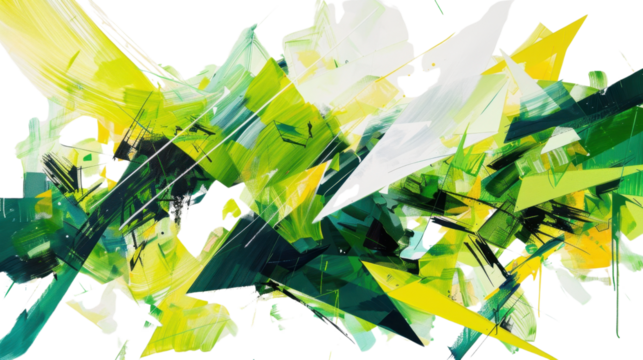 Abstract green and yellow brushstrokes creating dynamic composition on transparent background