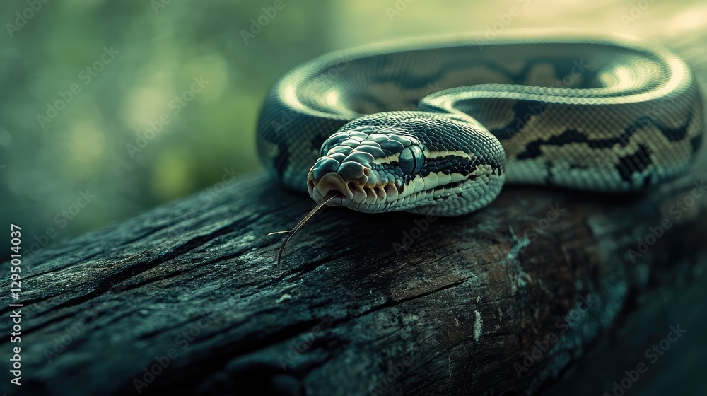 Poster a ball python resting on a wooden surface under soft natural light, with space for text overlays.