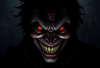 Creepy Joker Face with Red Eyes and Evil Grin Illustration