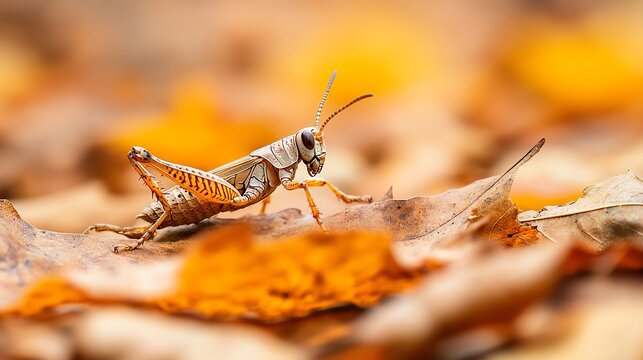 A close-up of a grasshopper on colorful autumn leaves, showcasing nature's intricate details and vibrant colors.