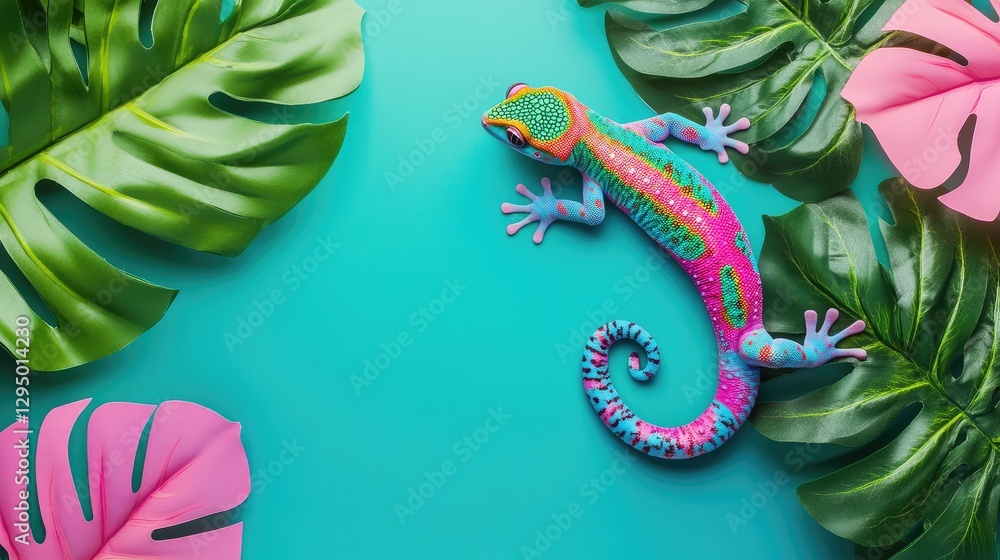 Poster a brightly colored gecko on a green leaf, surrounded by soft shadows and open space for text overlay