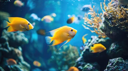 Obraz premium A brightly colored aquarium filled with tropical fish and plants, leaving empty space for creative content.