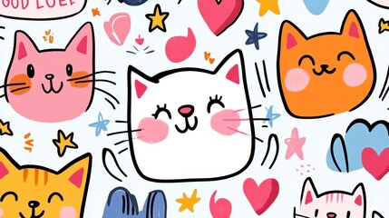 Playful Cartoon Cats with Colorful Hearts and Cheerful Expressions