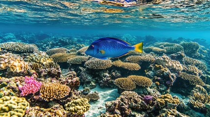 Obraz premium A bright blue tang fish swimming near coral reefs with clear water background and open space for text.