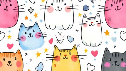 Colorful Hand-Drawn Cats with Hearts and Stars in Playful Design