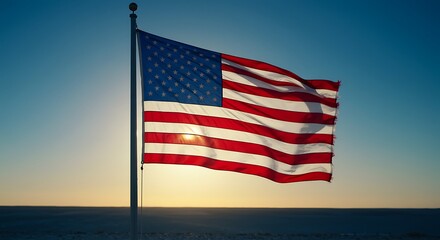 Fototapeta premium American Flag Waving Proudly Against a Sunrise Sky, Patriotic Image