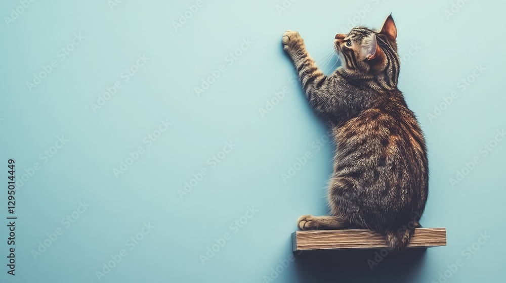 Poster a cat climbing a modern wall-mounted shelf with clear space around for text overlays.