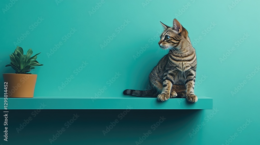 Poster a cat climbing a modern wall-mounted shelf with clear space around for text overlays.