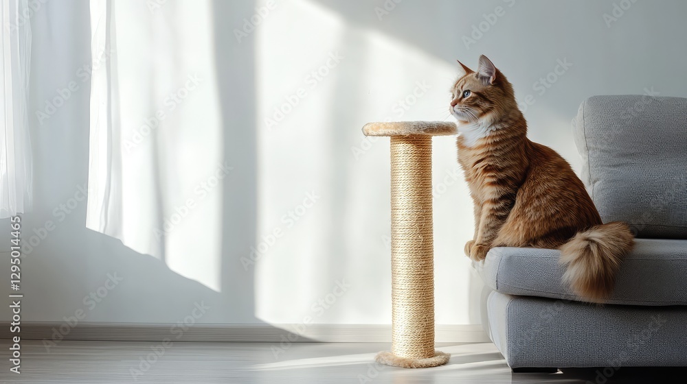 Poster a cat scratching post in a minimalist living space with soft shadows and open space for creative use