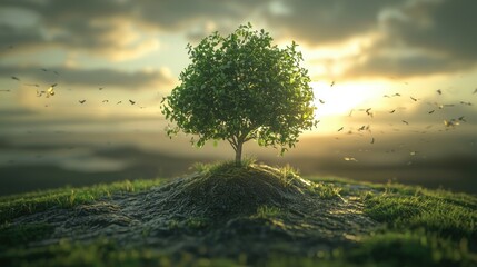 Lone tree on hilltop at sunset, birds flying.
