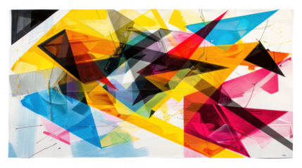 Colorful abstract painting with transparent background featuring dynamic triangles and brushstrokes
