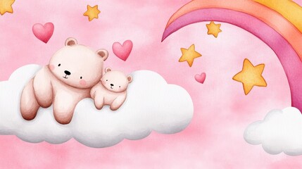Cute Bears on Clouds with Hearts and Rainbow in Pink Sky Design