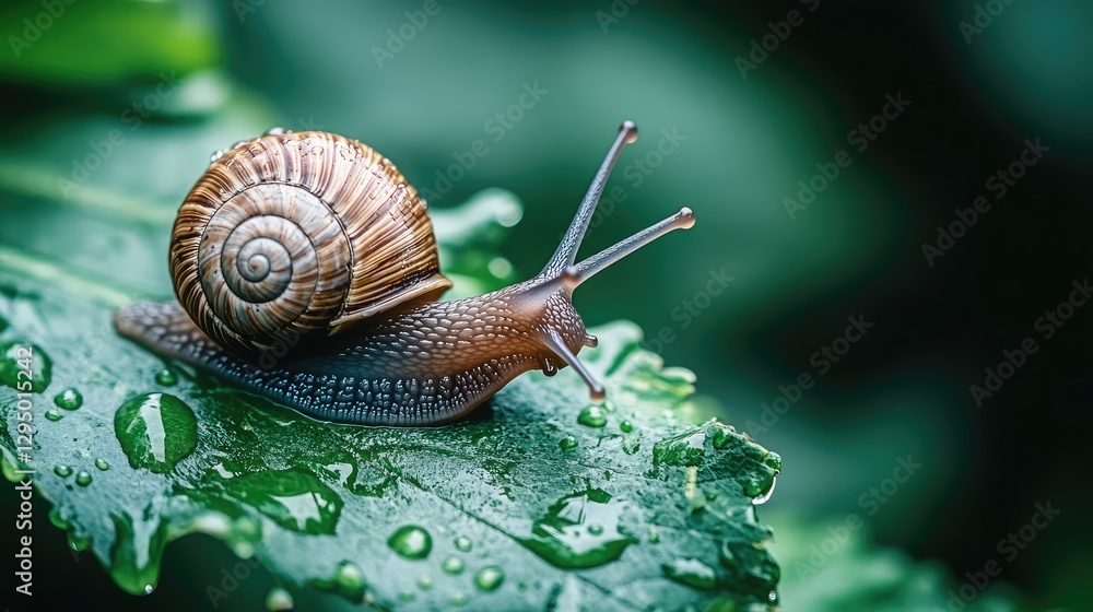 Poster A close-up of a slow-moving snail on wet leaves with plenty of empty space around for design use.