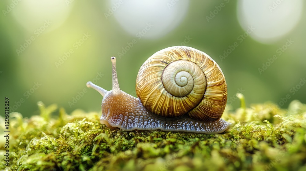 Poster a close-up of a snail's shell pattern on a soft moss background with clear copy space around.