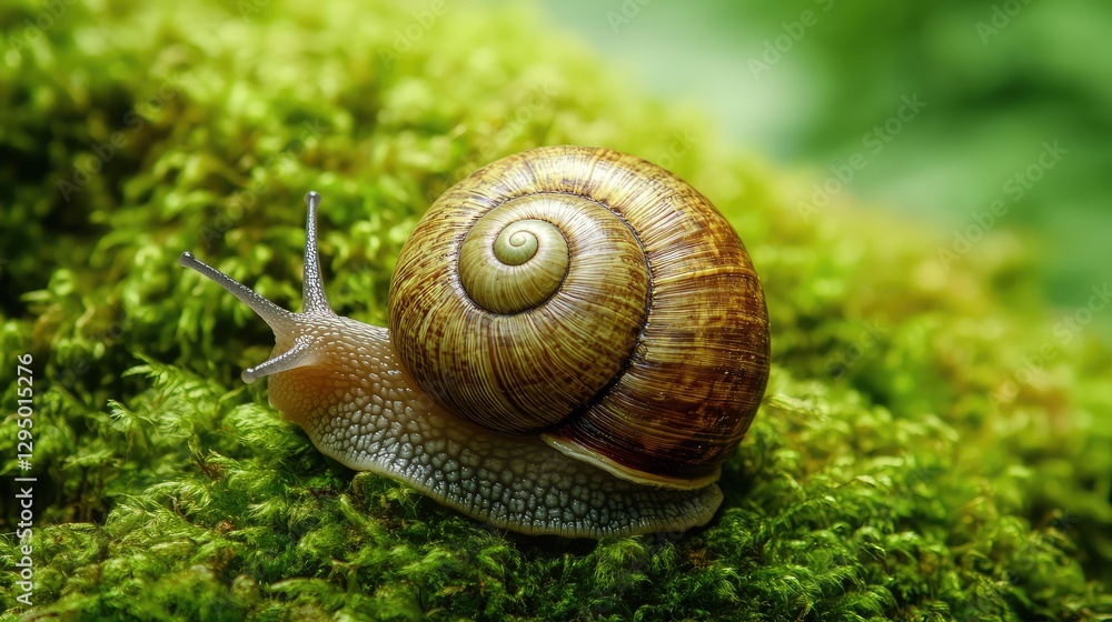 Poster a close-up of a snail's shell pattern on a soft moss background with clear copy space around.