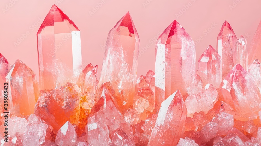 Poster a close-up view of pink quartz crystals arranged neatly on a smooth surface, surrounded by empty spa