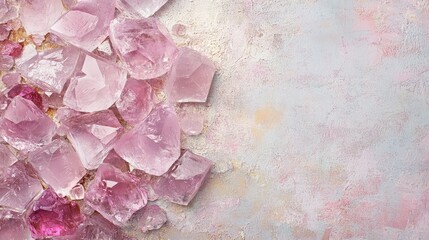 A close-up shot of soft pink crystals with natural textures, set on a pastel surface, leaving room for text and design elements.