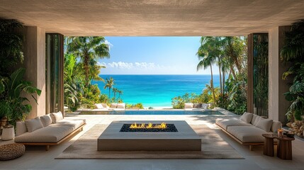Modern beachfront patio with fire pit