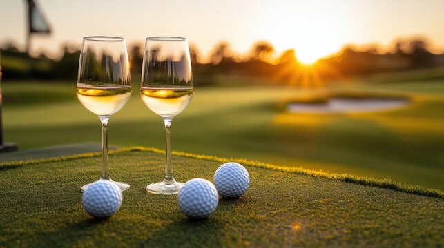 Two glasses of red wine and a golf ball on a green grass surface outdoors