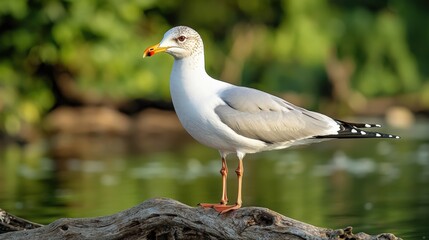Fototapeta premium Elegant Seagull Perched on Driftwood with Lush Green Background