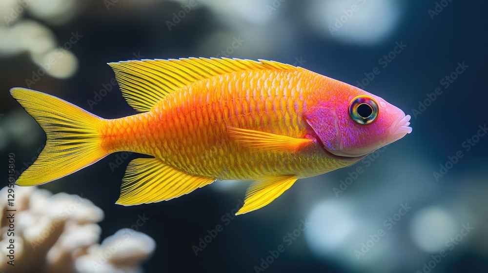 Poster a colorful fish swimming in a minimalist tank with a softly blurred background and empty space for o