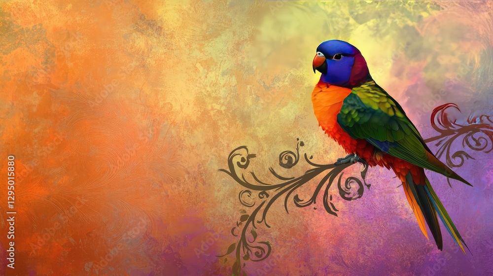 Poster a colorful tropical bird perched on a decorative branch with open space for text or branding overlay