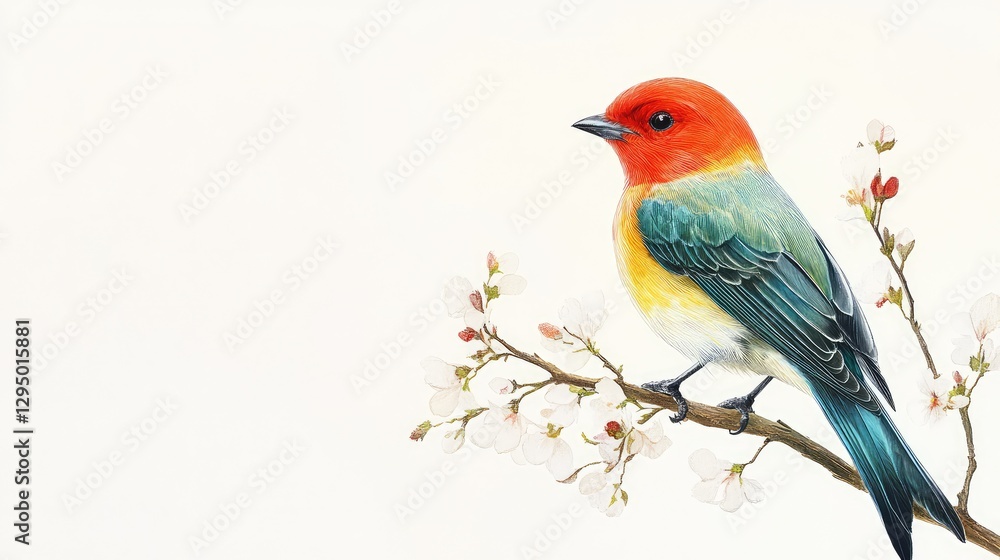 Poster a colorful tropical bird perched on a decorative branch with open space for text or branding overlay