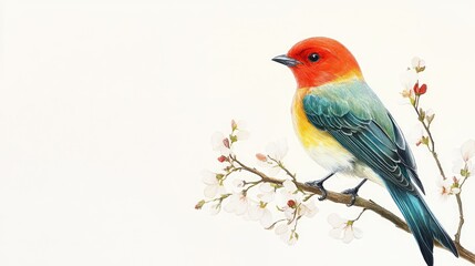 Fototapeta premium A colorful tropical bird perched on a decorative branch with open space for text or branding overlays.