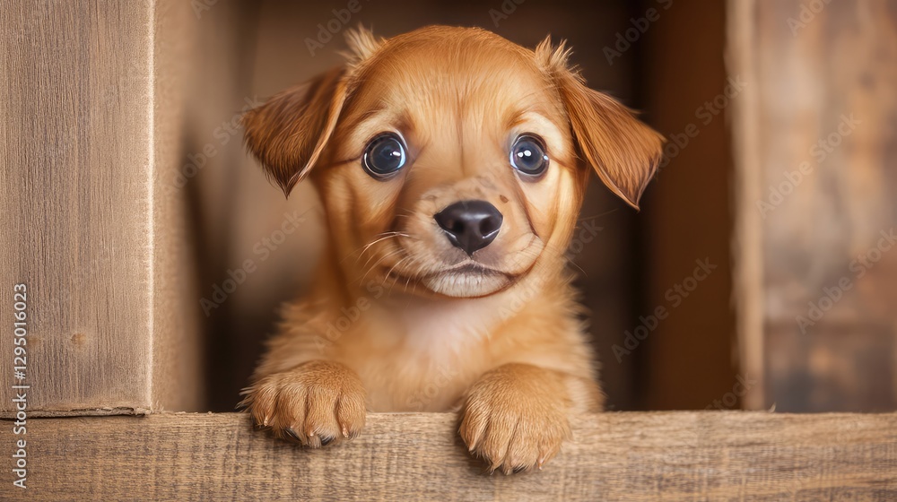 Poster a curious puppy looking out from a cardboard box on a wooden floor with soft copy space.