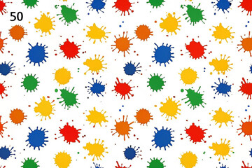Colorful paint splatters pattern on white background.
