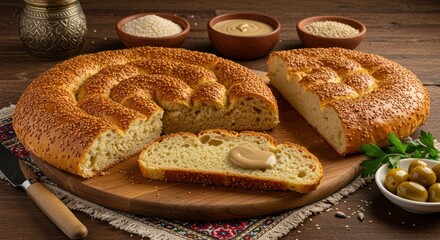 Naklejka premium Delicious Traditional Bread with Tahini Spread