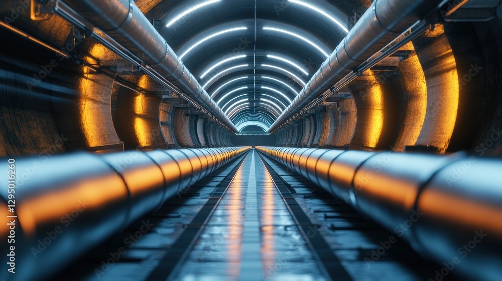 Poster long industrial gas pipelines extending into the distance with illuminated metallic structure in per