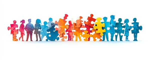 Colorful puzzle pieces forming diverse group of people, teamwork concept, visualizing company departments, business structure, cooperation, hiring new employees, team collaboration